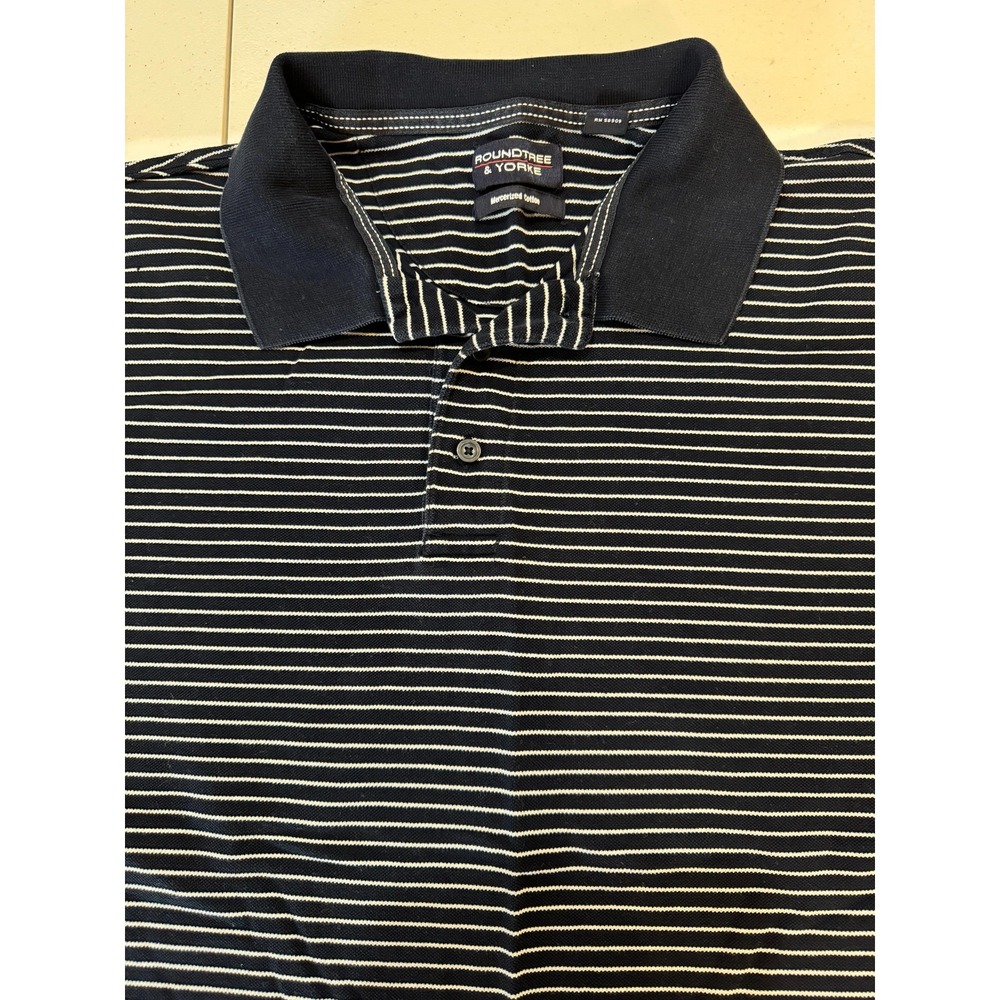 Roundtree & Yorke Mens Polo Shirt M Navy Blue White Striped Egyptian Luxury